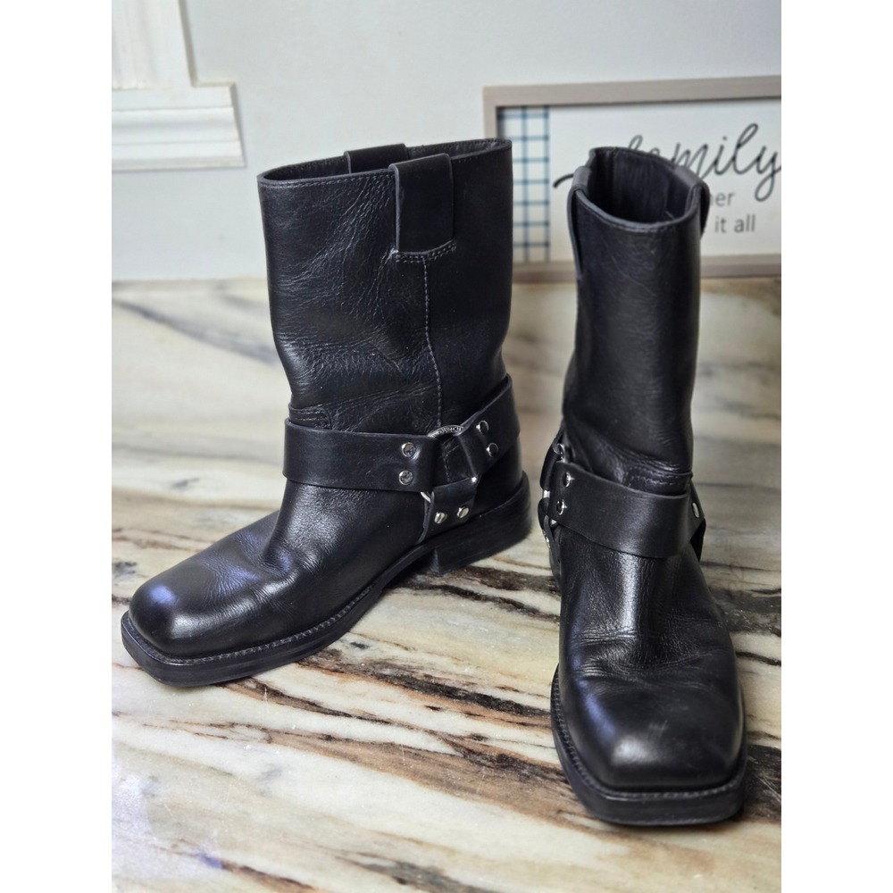 Tory Burch Black Leather Harness Boots Square Toe Moto Biker Mid Calf Boots 6.5